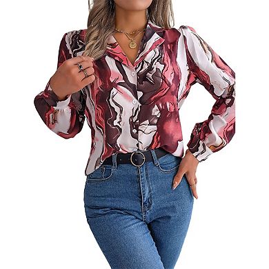 Womens Shirts Button Down Printed Lantern Long Sleeve Blouse Fashion Casual Tops