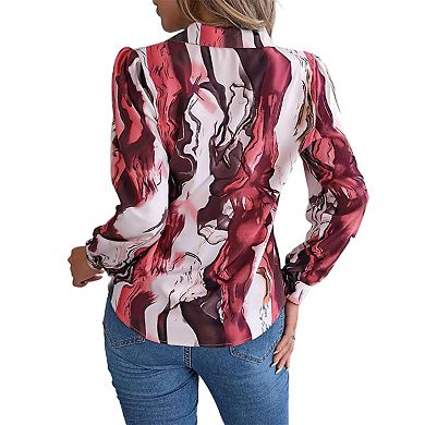 Womens Shirts Button Down Printed Lantern Long Sleeve Blouse Fashion Casual Tops