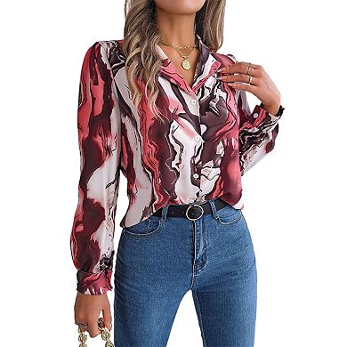 Womens Shirts Button Down Printed Lantern Long Sleeve Blouse Fashion Casual Tops