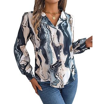 Womens Shirts Button Down Printed Lantern Long Sleeve Blouse Fashion Casual Tops