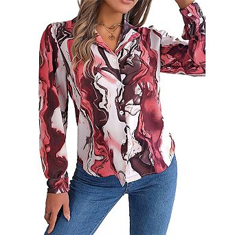 Womens Shirts Button Down Printed Lantern Long Sleeve Blouse Fashion Casual Tops