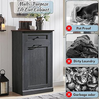 Farmhouse Tilt Out Laundry Hamper Cabinet, 10 Gallon Hidden Trash Can with Drawer, Wood Storage