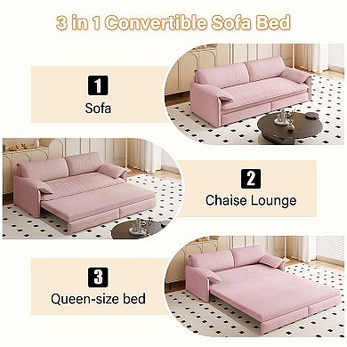 CEWOR 66" 3-in-1 Queen Pull Out Sofa Bed, Velvet Convertible Loveseat with Side Storage