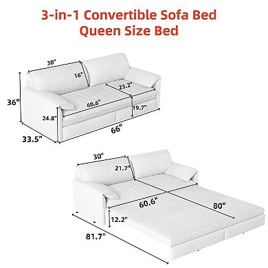 CEWOR 66" 3-in-1 Queen Pull Out Sofa Bed, Velvet Convertible Loveseat with Side Storage