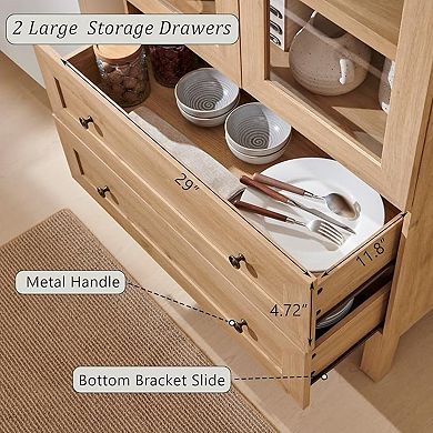 Arched Bookshelf w/ Glass Doors & Storage Drawers, 4-Tier Wooden Bookcase, Farmhouse Display Cabinet