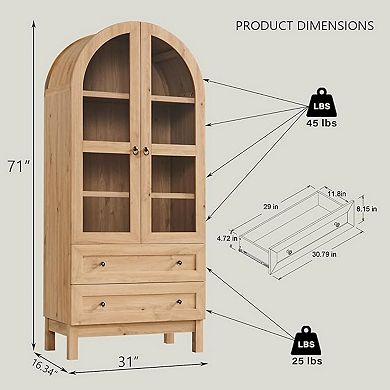 Arched Bookshelf w/ Glass Doors & Storage Drawers, 4-Tier Wooden Bookcase, Farmhouse Display Cabinet