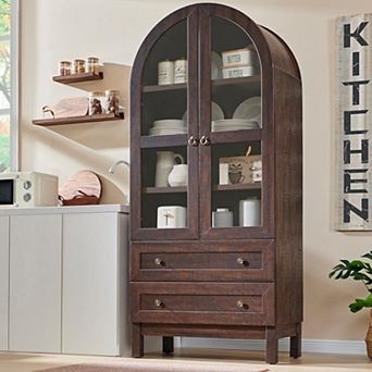 Arched Bookshelf w/ Glass Doors & Storage Drawers, 4 tier Wooden Bookcase, Farmhouse Display Cabinet