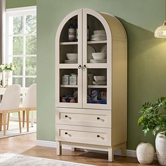 Arched Bookshelf w/ Glass Doors & Storage Drawers, 4 tier Wooden Bookcase, Farmhouse Display Cabinet
