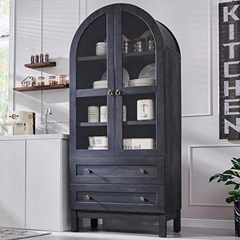71″ Tall Arched Pantry Cabinet w/ 2 Drawers & Adjustable Shelves, Farmhouse Kitchen Storage Cabinet