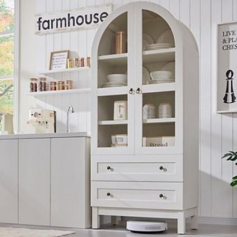 71″ Tall Arched Pantry Cabinet w/ 2 Drawers & Adjustable Shelves, Farmhouse Kitchen Storage Cabinet