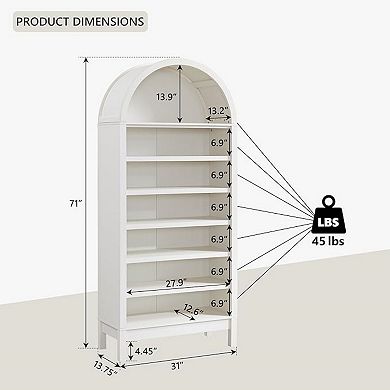 Arched Bookshelf, Modern Farmhouse Bookshelf Storage Cabinet w/Adjustable Shelves, Wood Bookshelf