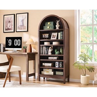 Arched Bookshelf, Modern Farmhouse Bookshelf Storage Cabinet w/Adjustable Shelves, Wood Bookshelf