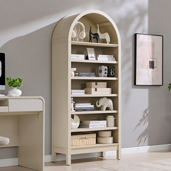 71" Arched Bookshelf, Modern Farmhouse Storage Bookcase w/ Adjustable Shelves for Living Room Office