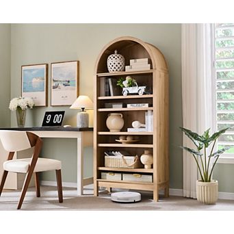 Arched Bookshelf, Modern Farmhouse Bookshelf Storage Cabinet w/Adjustable Shelves, Wood Bookshelf