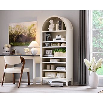 Arched Bookshelf, Modern Farmhouse Bookshelf Storage Cabinet w/Adjustable Shelves, Wood Bookshelf