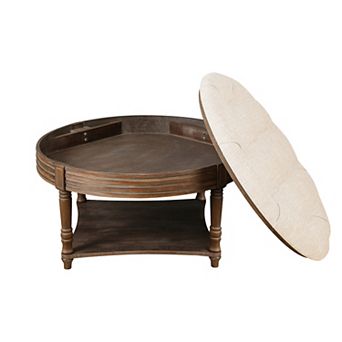 GOODSILO Large Round Two-Tier Tufted Ottoman Coffee Table with Wooden Storage Shelf