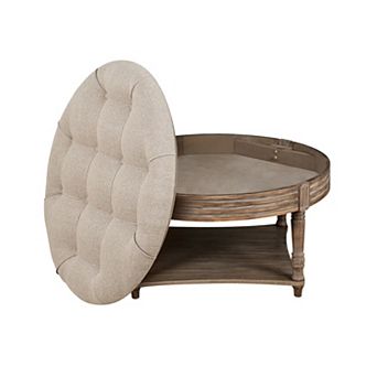 GOODSILO Large Round Two-Tier Tufted Ottoman Coffee Table with Wooden Storage Shelf