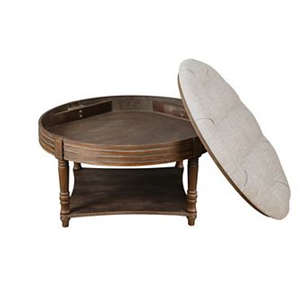 GOODSILO Large Round Two-Tier Tufted Ottoman Coffee Table with Wooden Storage Shelf