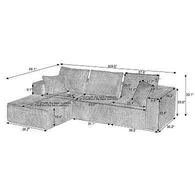 CEWOR 103" Left Armrest Modular Cloud Sectional Sofa, 4-Seater Corduroy Sectional Sofa, No Assembly