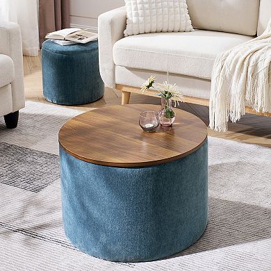 GOODSILO Round Chenille Storage Ottoman Set with Drum Stool and Lift-Top Lid