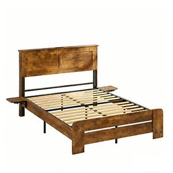 CEWOR Antique Natural Farmhouse Bed Frame with Fast Charging, Folding Tables & LED Lights
