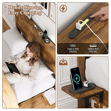 CEWOR Antique Natural Farmhouse Bed Frame with Fast Charging, Folding Tables & LED Lights