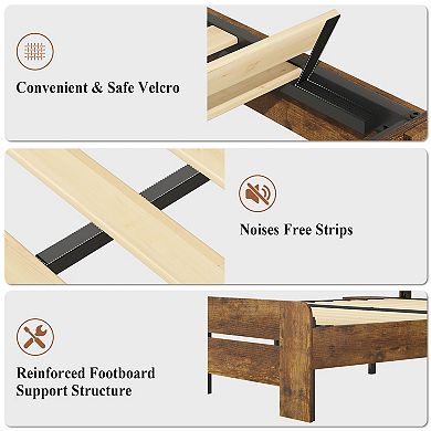 CEWOR Antique Natural Farmhouse Bed Frame with Fast Charging, Folding Tables & LED Lights