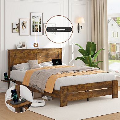 CEWOR Antique Natural Farmhouse Bed Frame with Fast Charging, Folding Tables & LED Lights
