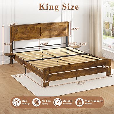 CEWOR Antique Natural Farmhouse Bed Frame with Fast Charging, Folding Tables & LED Lights