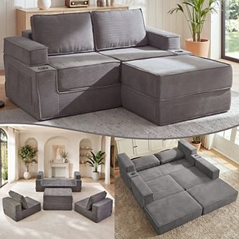 CEWOR Modular Combination Sofa, L-shaped Convertible Boneless Sofa Bed with Cup Holder，Corduroy