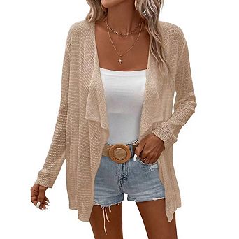 Womens Lightweight Cardigan Long Sleeve Open Front Lapel Shawl Mesh Crochet Sweater Shirts Coats