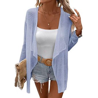Womens Lightweight Cardigan Long Sleeve Open Front Lapel Shawl Mesh Crochet Sweater Shirts Coats