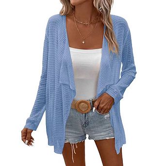 Womens Lightweight Cardigan Long Sleeve Open Front Lapel Shawl Mesh Crochet Sweater Shirts Coats