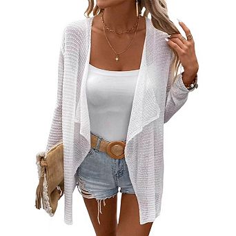 Womens Lightweight Cardigan Long Sleeve Open Front Lapel Shawl Mesh Crochet Sweater Shirts Coats