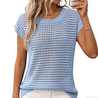 Women's Short Sleeve Mesh Knit Top Crew Neck Openwork Blouse