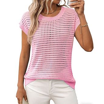 Women's Short Sleeve Mesh Knit Top Crew Neck Openwork Blouse