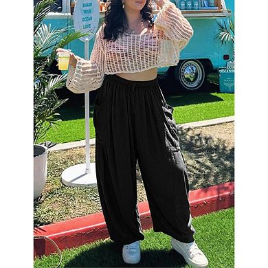 Womens Wide Leg Pants Casual Loose Drawstring Flowy Beach Palazzo Harem Pants with Pockets