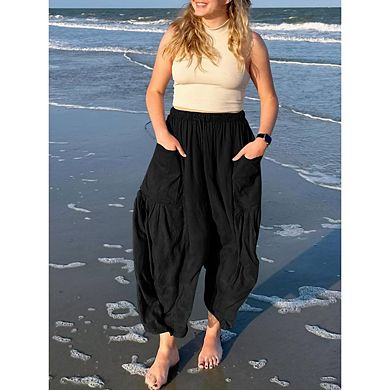 Womens Wide Leg Pants Casual Loose Drawstring Flowy Beach Palazzo Harem Pants with Pockets
