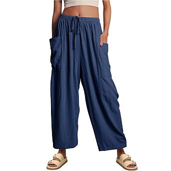 Womens Wide Leg Pants Casual Loose Drawstring Flowy Beach Palazzo Harem Pants with Pockets