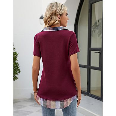 Women's Short Sleeve Contrast Collared Shirts Patchwork Plaid Work Blouse Tunics Tops