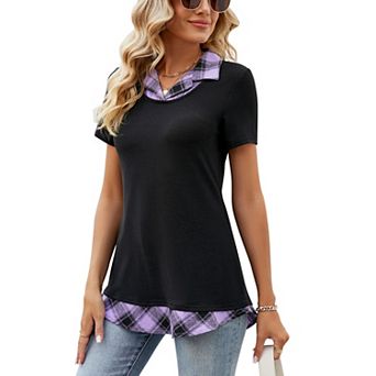 Women's Short Sleeve Contrast Collared Shirts Patchwork Plaid Work Blouse Tunics Tops