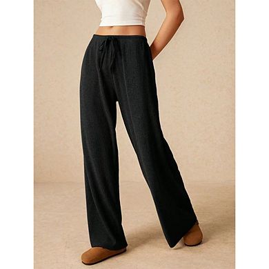 Women's Ribbed Wide-Leg Pants Elastic Waist Drawstring Pocket Pants