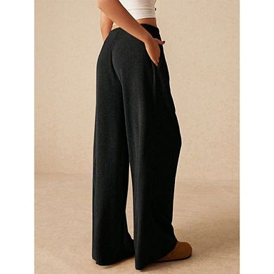 Women's Ribbed Wide-Leg Pants Elastic Waist Drawstring Pocket Pants