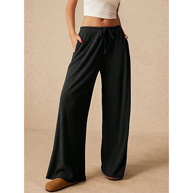 Women's Ribbed Wide-Leg Pants Elastic Waist Drawstring Pocket Pants
