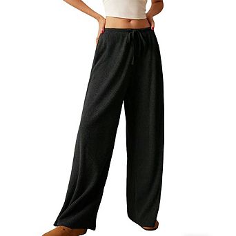 Women's Ribbed Wide-Leg Pants Elastic Waist Drawstring Pocket Pants