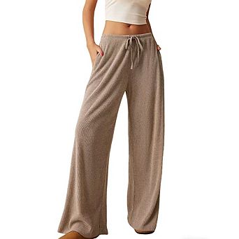Women's Ribbed Wide-Leg Pants Elastic Waist Drawstring Pocket Pants