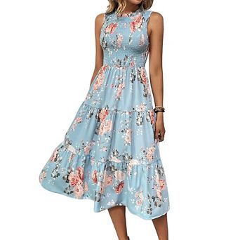 Women's Summer Smocked Midi Sundress Casual Sleeveless Tank Dress Beach Tiered Flowy Maxi Dresses