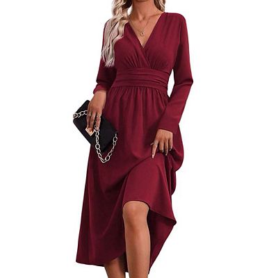 Womens V Neck Long Sleeve Maxi Dress Trendy Elegant Flowy Wedding Guest  Holiday Formal Long Dresses