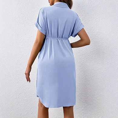 Women's Maternity Button-Front Dress Collared Short Sleeve Drawstring Waist Dress
