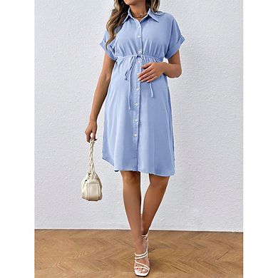 Women's Maternity Button-Front Dress Collared Short Sleeve Drawstring Waist Dress